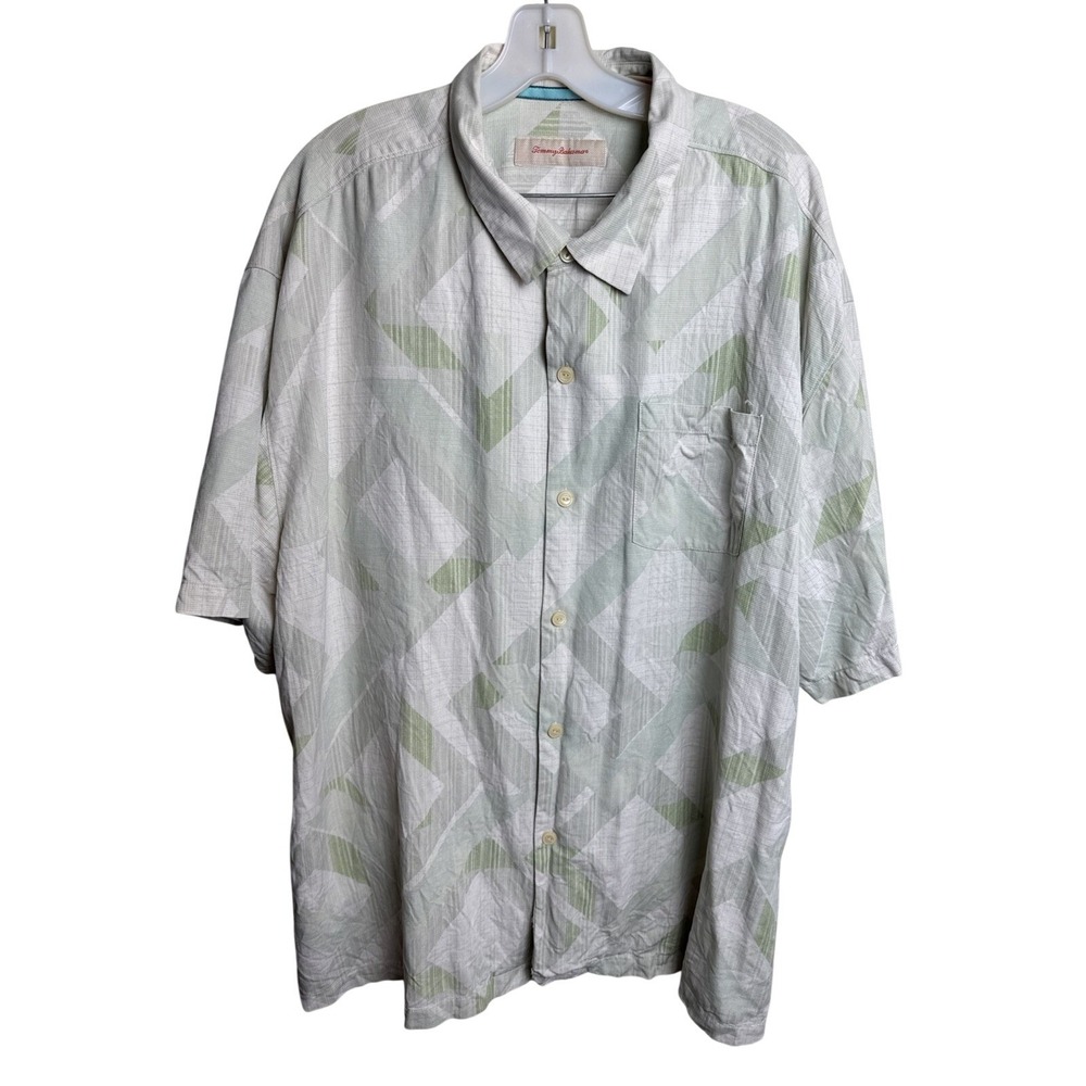 Tommy Bahama Mens XXL 100% Silk‎ Short Sleeve Button Down Shirt Green Geometric